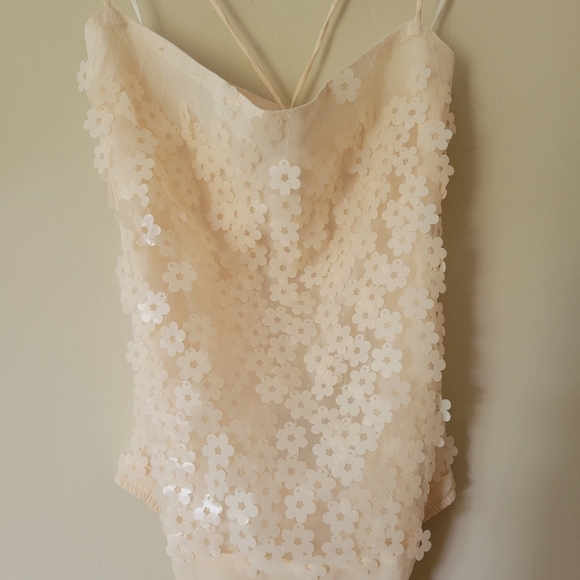 Zara NWT Flower Sequin Bodysuit Cream Size M - Picture 4 of 6